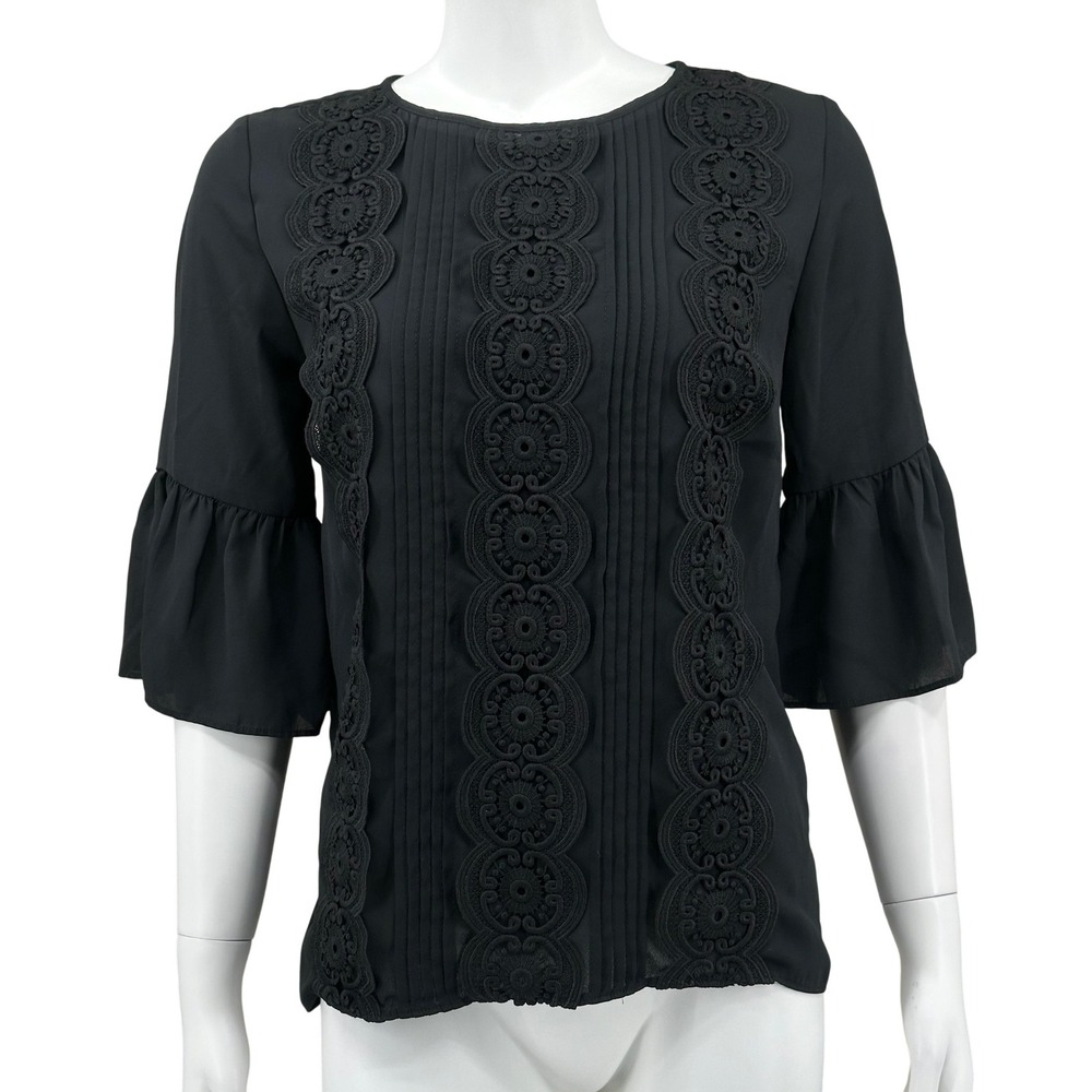 Ann Taylor LOFT Top Womens XS Black Lace Bell Sleeve Ruffle Witchy Feminine Boho